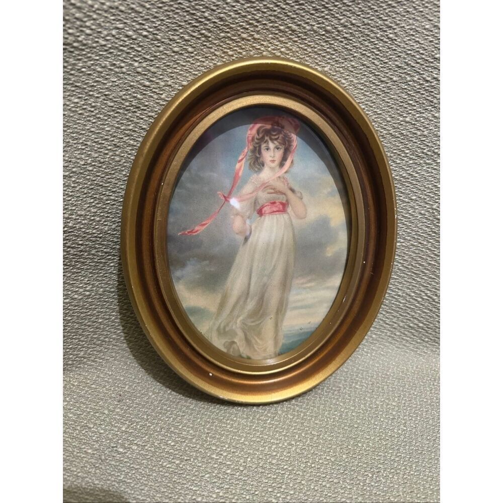 Vintage Print of Pinkie by Thomas Lawrence Oval Gold Frame MCM Art 9”x7”